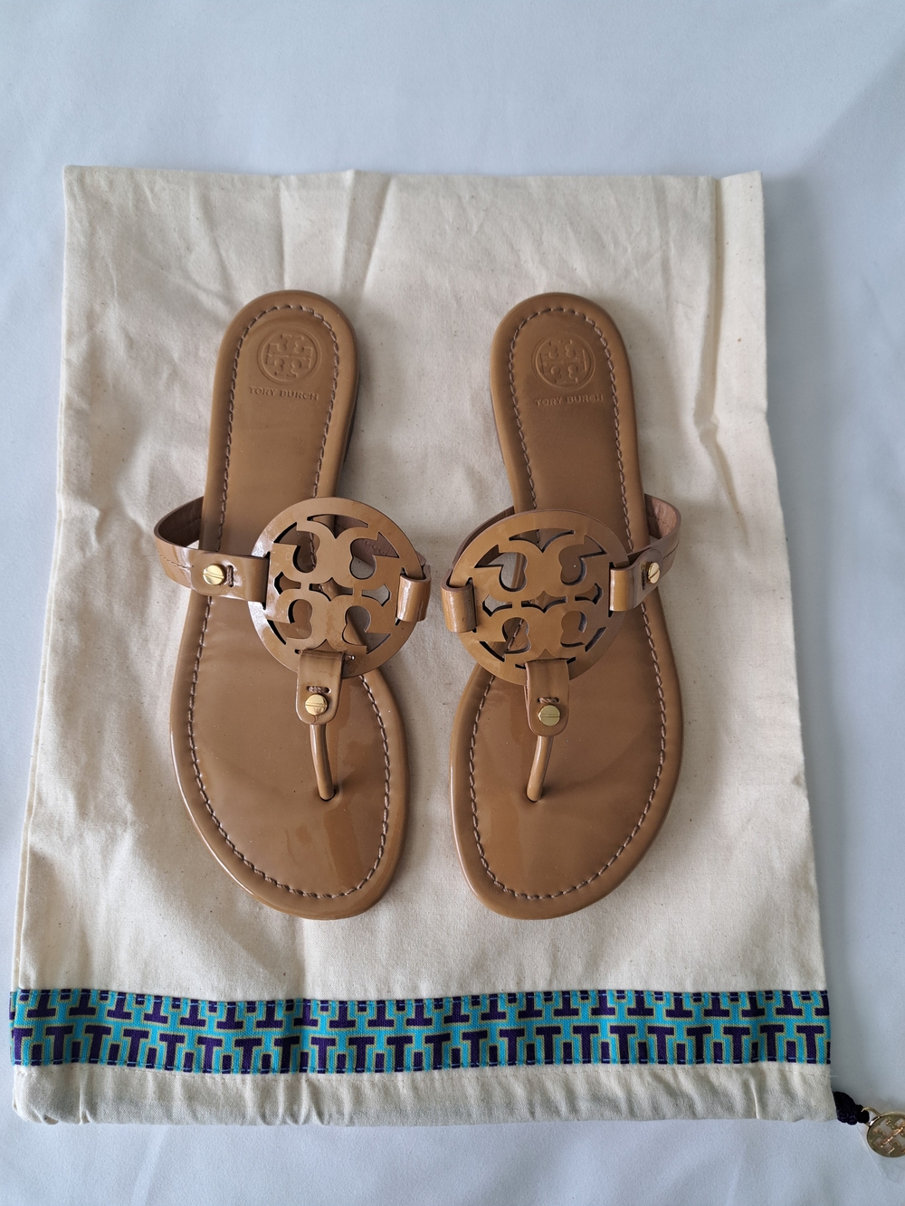 Tory Burch Tan Leather Logo Thong Sandals with Gold Accents
